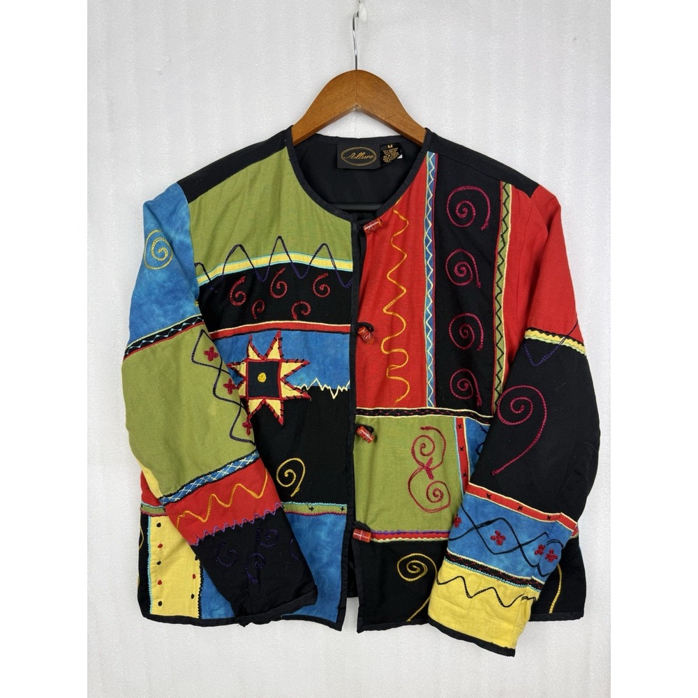 Vintage Allure Patchwork Jacket Womens M Embroidered Artsy Boho Toggle Coat VTG